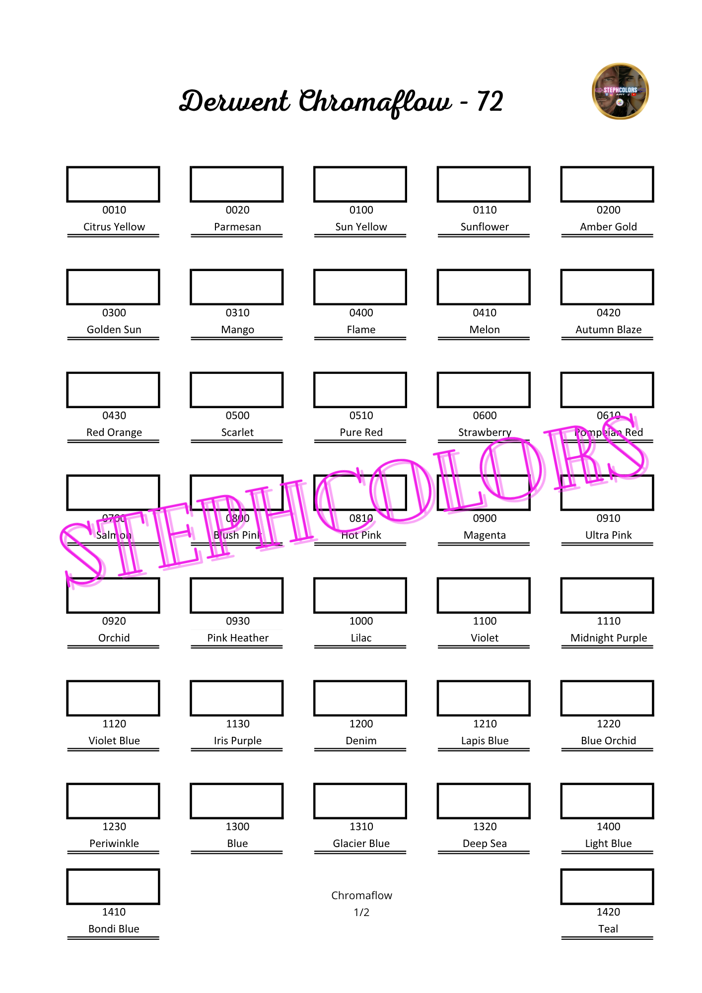 Nuancier Derwent Chromaflow 72 PDF à imprimer – Palette crayons de couleur