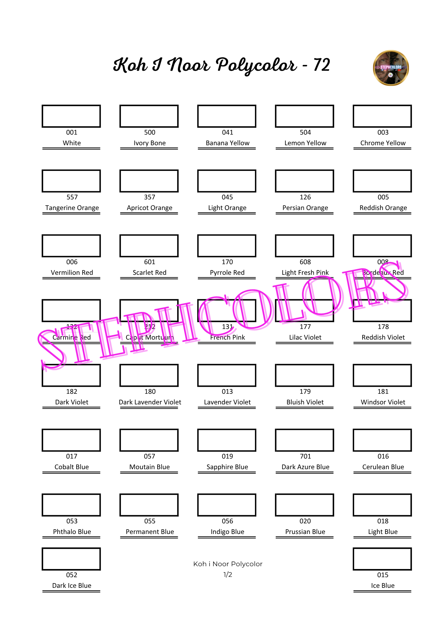 Nuancier Koh-I-Noor 72 PDF à imprimer – Palette crayons de couleur