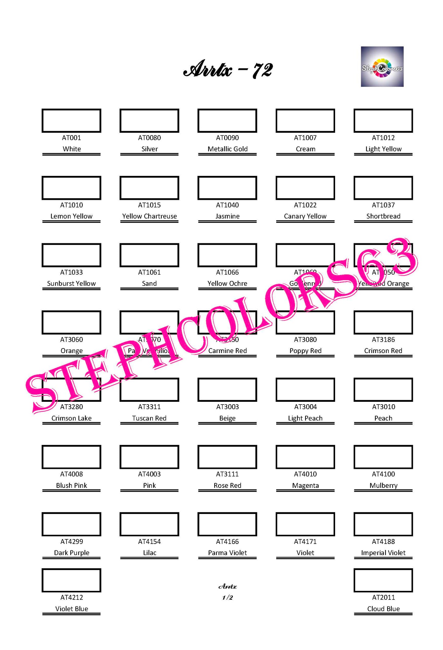 ARRTX Colored Pencils Color Chart x72