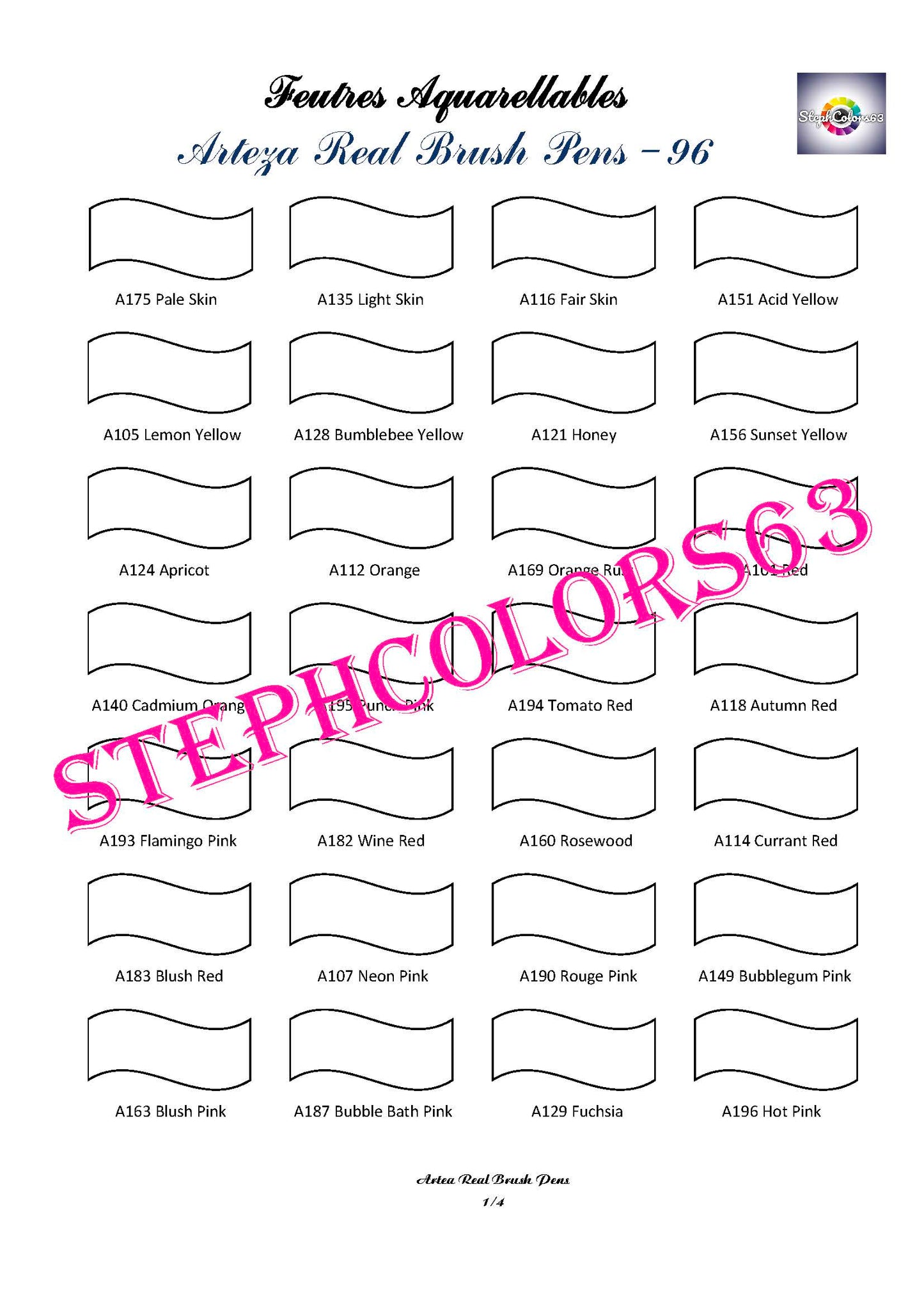 ARTEZA Real Brush Pens Color Chart x96