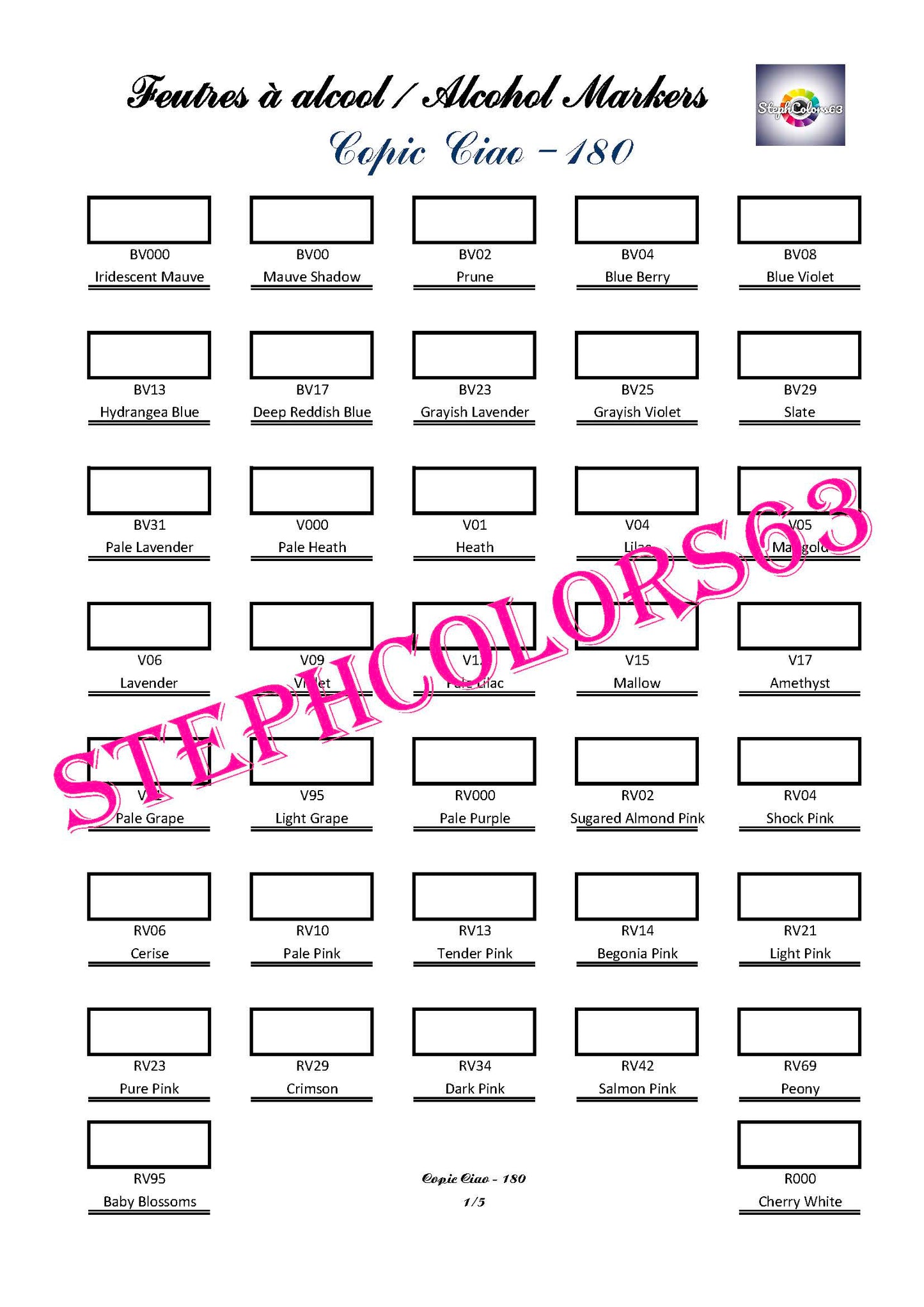 COPIC CIAO color chart x 180