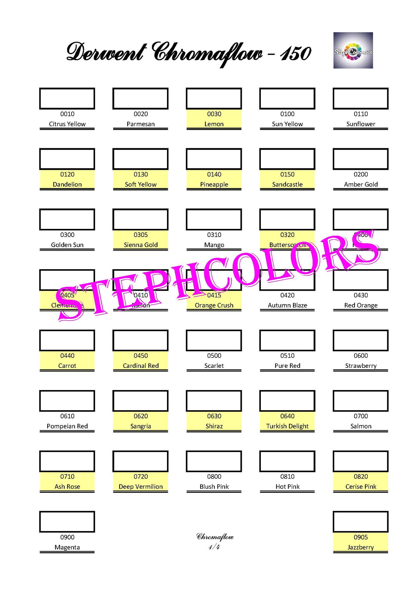 Nuancier PDF Derwent CHROMAFLOW x 150