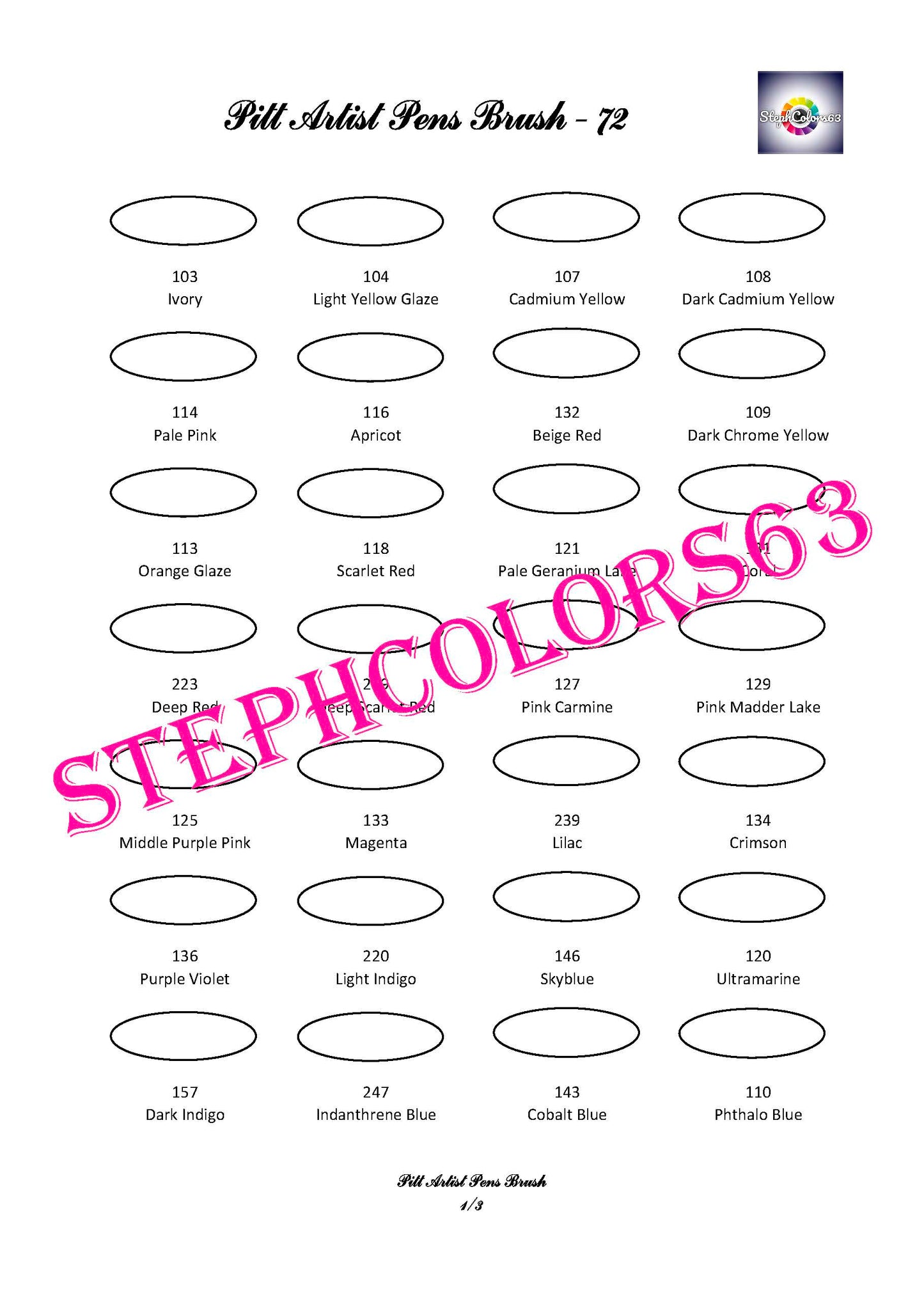 Pitt Pens Brush Color Chart x72