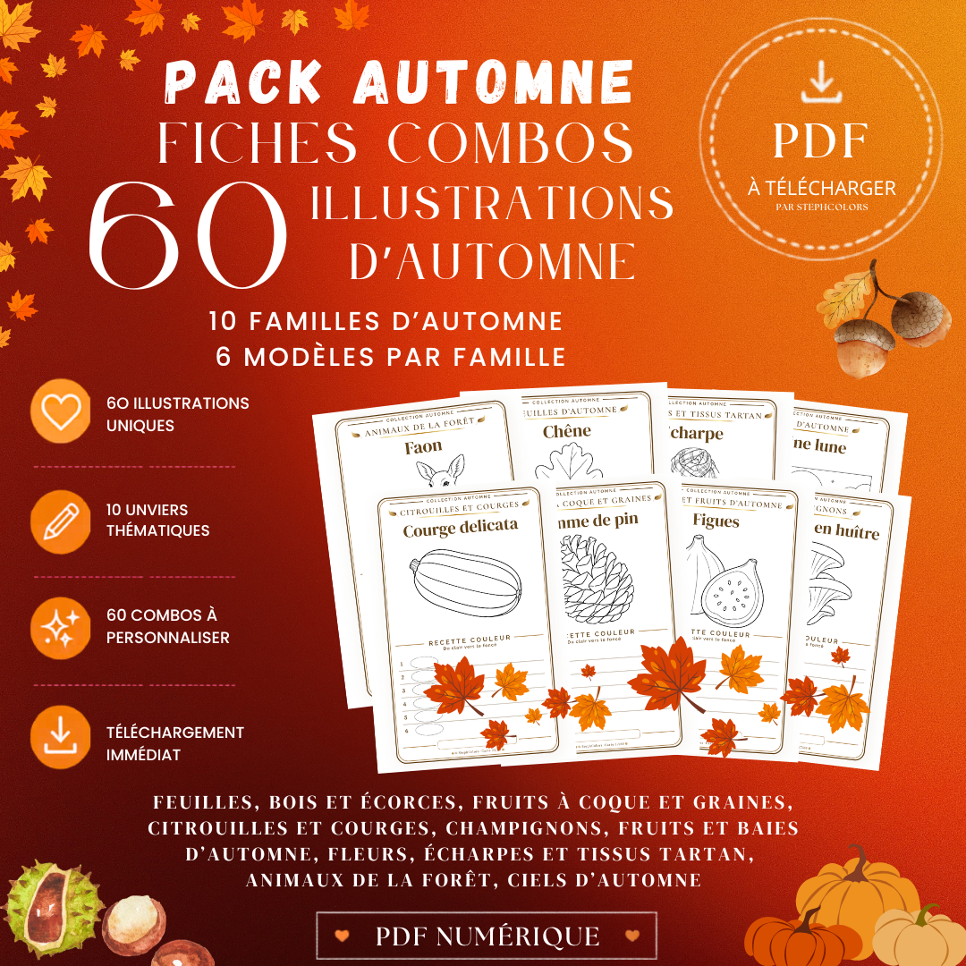 Pack Fiches Combos Automne à Personnaliser – 60 Illustrations pour le Coloriage Adulte