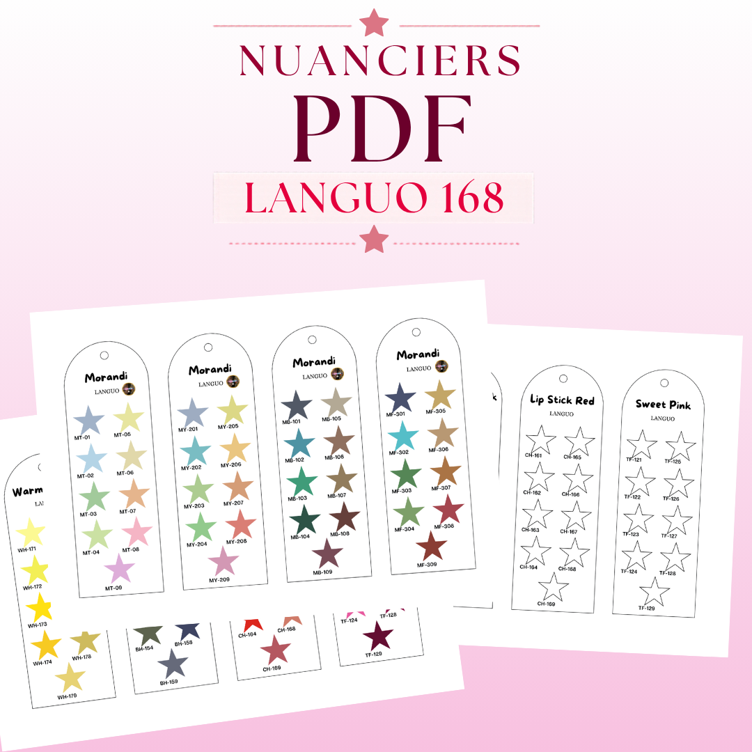 Nuancier PDF Gel Pen Languo 168 Couleurs à imprimer | Cartes de couleurs coloriage adulte