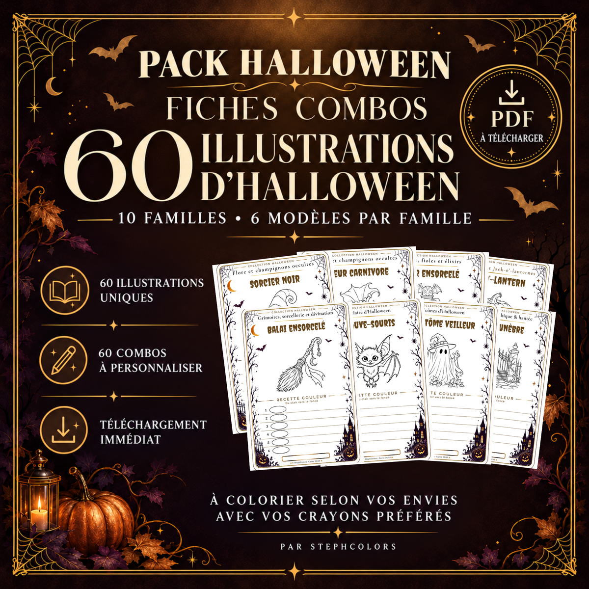 Pack Fiches Combos Halloween à Personnaliser – 60 Illustrations pour le Coloriage Adulte