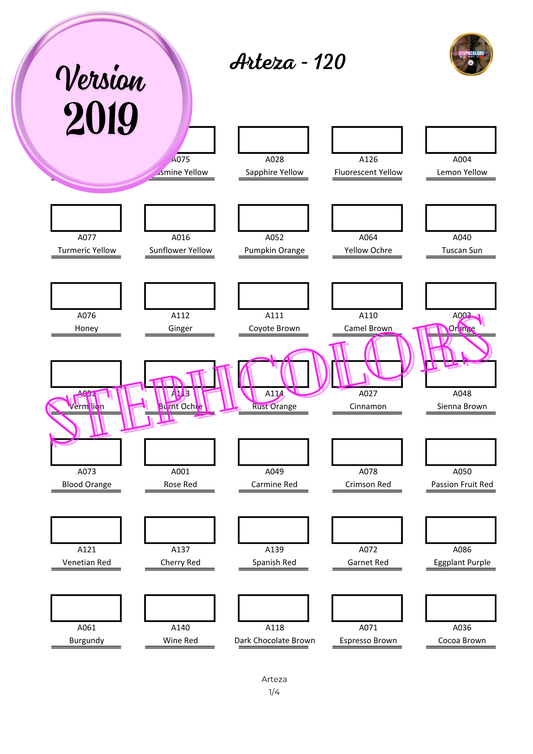 Nuancier Arteza 120 (version 2019) PDF à imprimer – Palette crayons de couleur