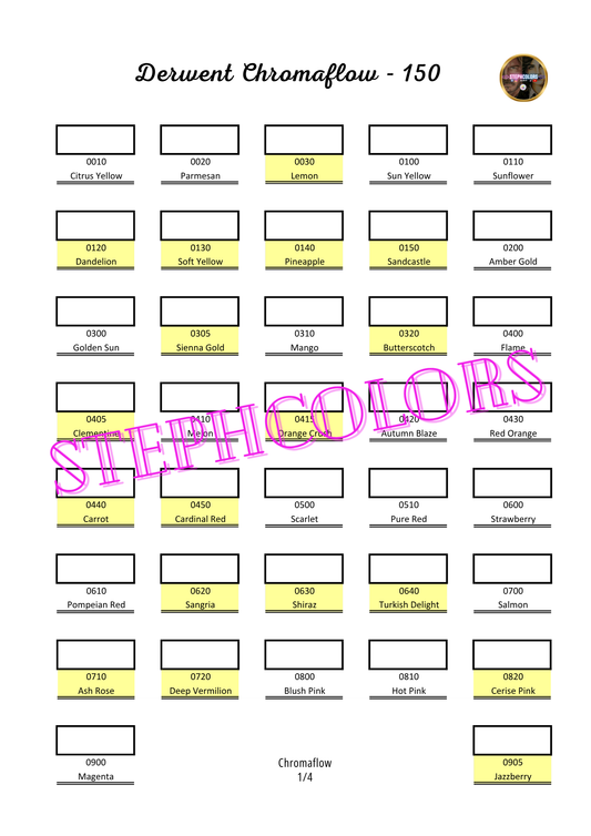 Nuancier Derwent Chromaflow 150 PDF à imprimer – Palette crayons de couleur