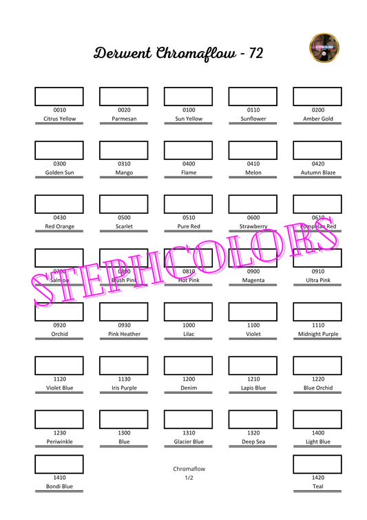 Nuancier Derwent Chromaflow 72 PDF à imprimer – Palette crayons de couleur