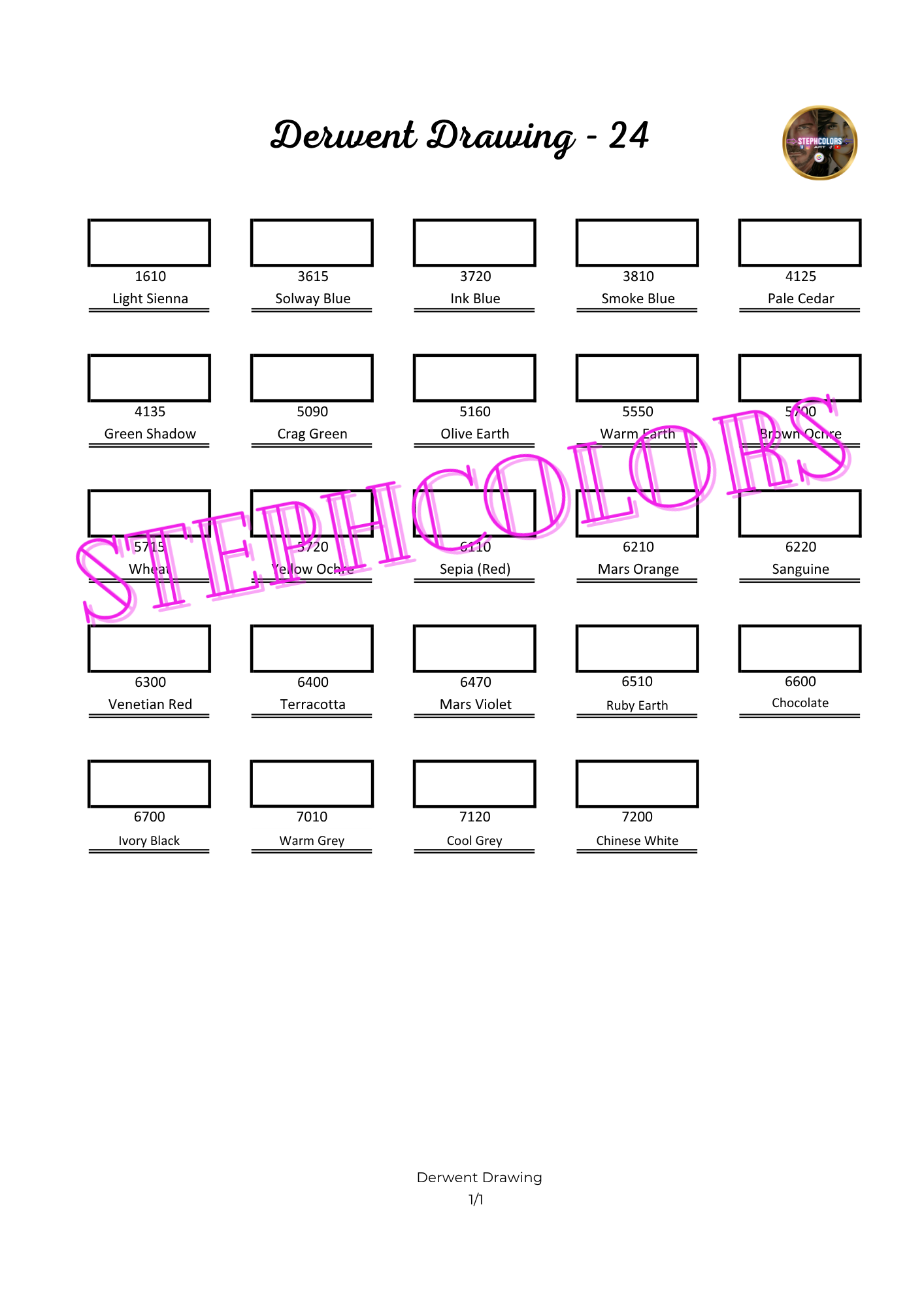Nuancier Derwent Drawing 24 PDF à imprimer – Palette crayons de couleur