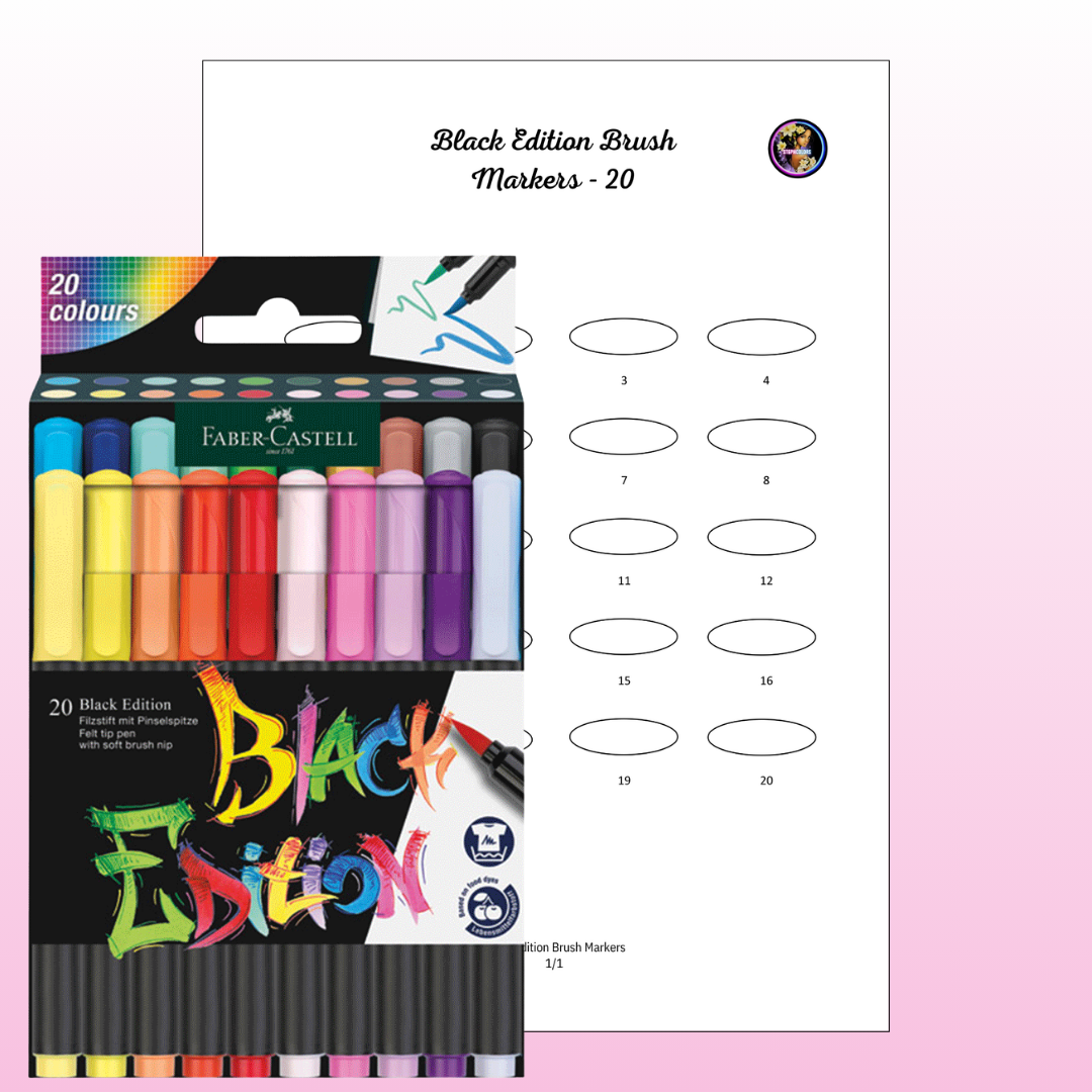 Nuancier Faber-Castell Black Edition Brush 20 PDF à imprimer – Palette feutres aquarellables