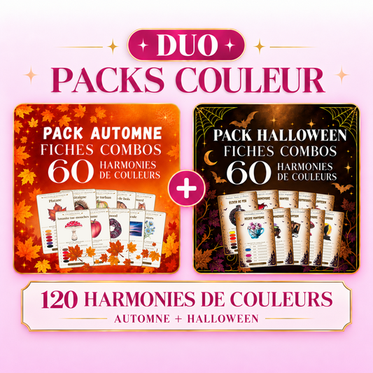 Duo Fiches Combos Automne et Halloween : 120 harmonies de couleurs et 20 familles pour le coloriage adulte